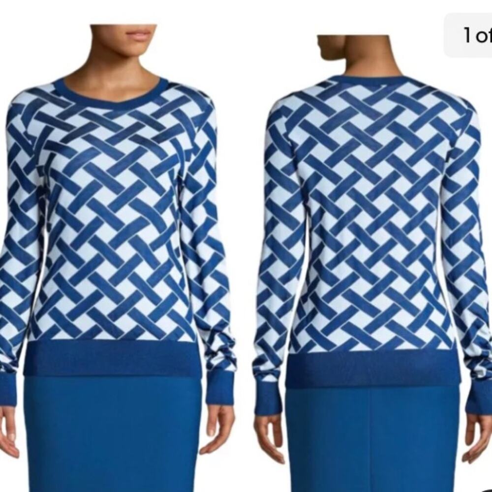 Hugo Boss Fadenia Superfine Jacquard Virgin Wool Blend Knit Sweater Blue Medium